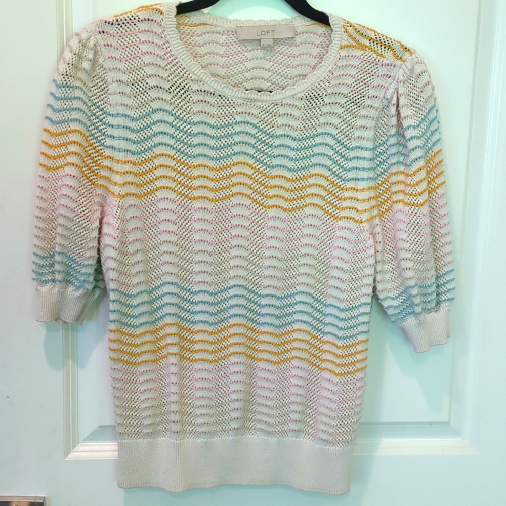 Loft pointelle  scalloped puffed sleeve blouse